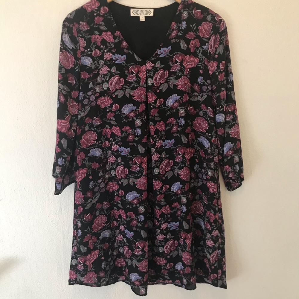 PINK ROSE floral long sleeve flowy dress